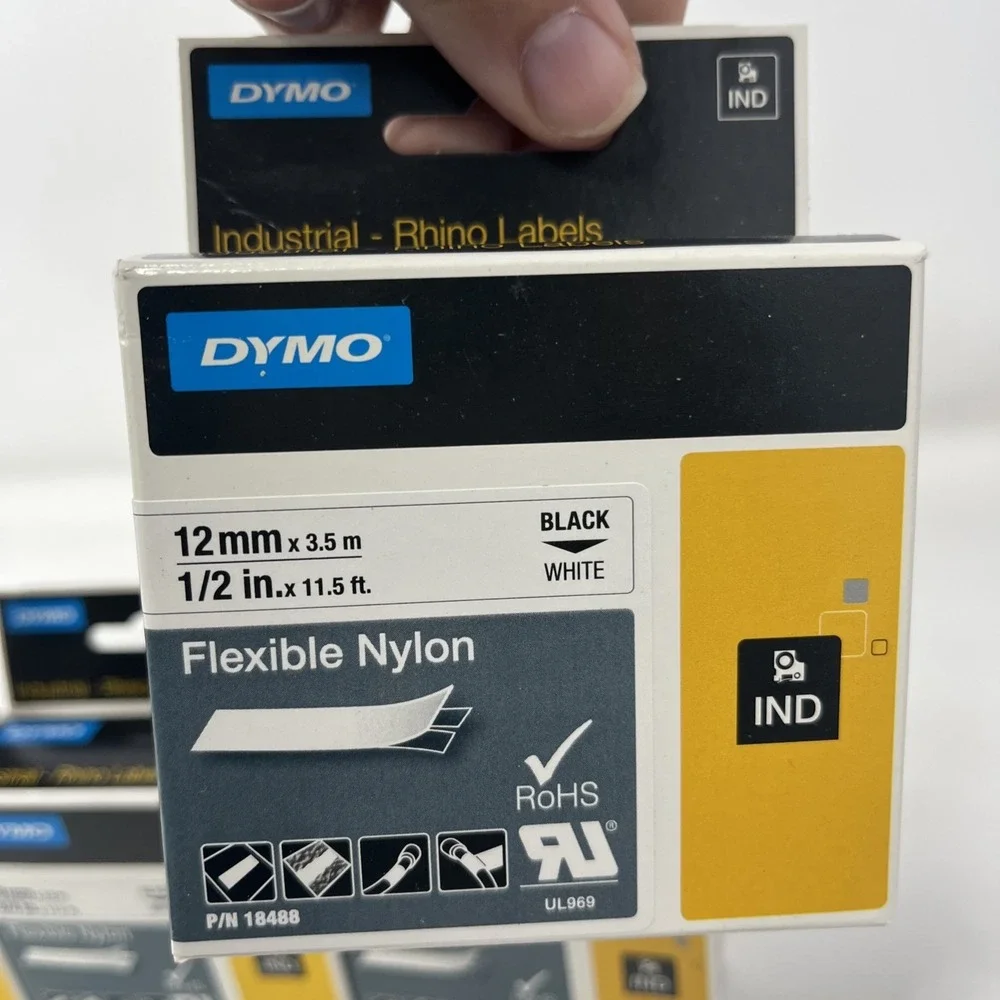 DYMO Rhino 18488 Flexible Nylon Black-On-White Tape, 0.5